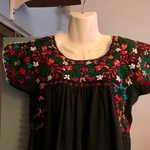 Long Black Mexican Embroidered Dress